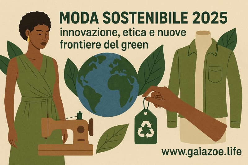 Moda sostenibile 2025: innovazione, etica e nuove frontiere del green 1 Vignetta con ragazza di colore e disegni di pianeta, vestiti e sosteniblità